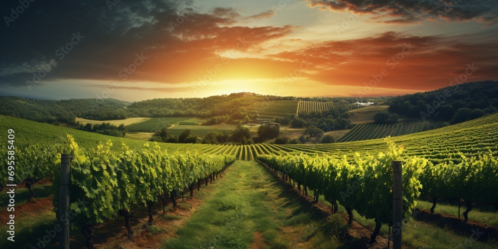 Sunset over a vineyard with a beautiful view of the sun and clouds Generative AI