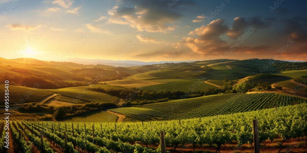 A picturesque landscape of a vineyard at sunset Generative AI