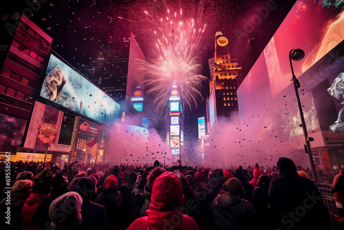 Crowd of people celebrating New Year eve and watching fireworks in Times Square, Manhattan, New York