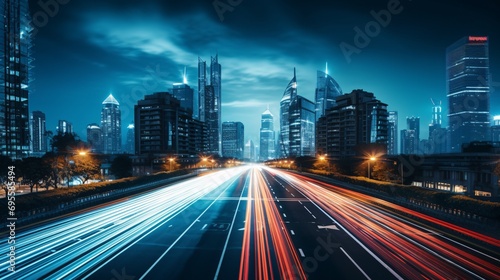 Cityscape at Night: A Blurry Cityscape with Tall Buildings and Lights Generative AI