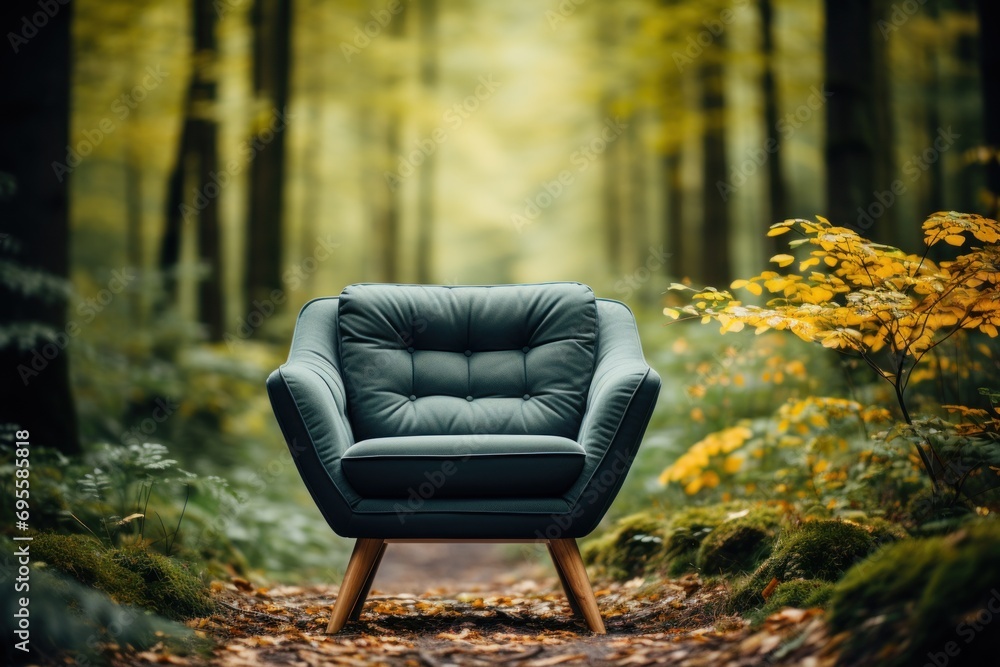  a chair sitting in the middle of a forest with a path in front of it and a yellow tree in the middle of the forest with leaves on the ground.