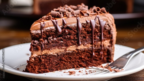 Close up of a chocolate cake slice on a plate