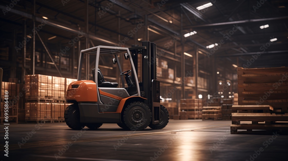 A large orange forklift in a warehouse Generative AI A large orange forklift in a warehouse Generative AI
