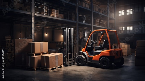 An orange forklift parked in a warehouse Generative AI