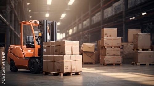 A large orange forklift in a warehouse Generative AI © BIPUL