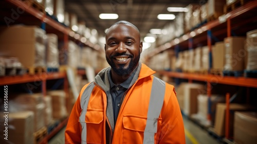 African American Man in an Orange Safety Vest Smiling in a Warehouse Generative AI