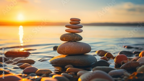  a stack of rocks sitting on top of a beach next to a body of water with the sun setting in the distance in the middle of the horizon of the picture.