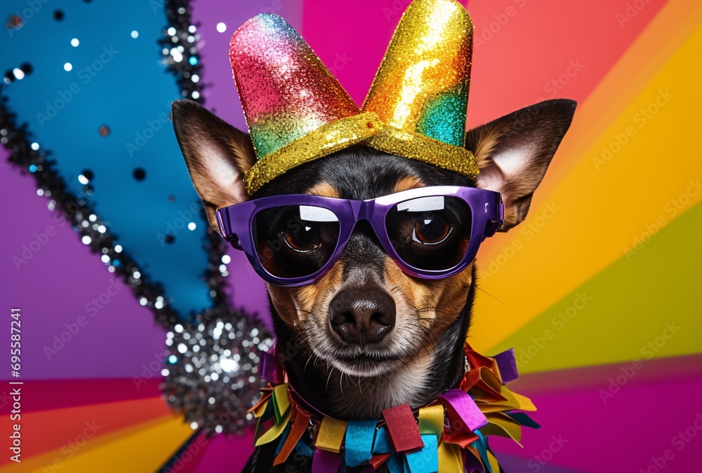 Colorful Dog Wearing Sunglasses and a Party Hat Generative AI