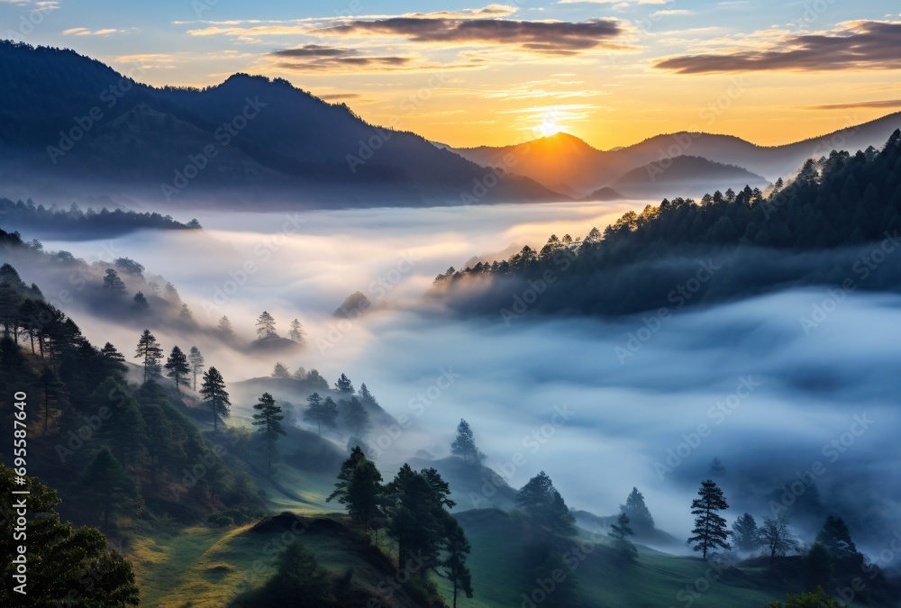 Misty Mountains at Sunset Generative AI