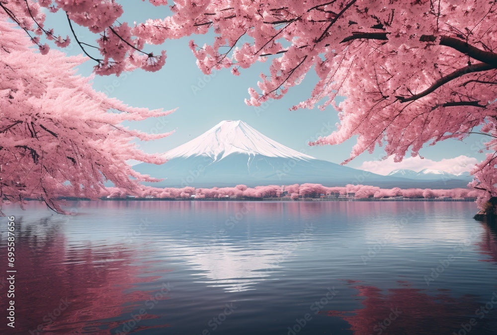 Pink Flowers and Snowy Mountain Range Generative AI