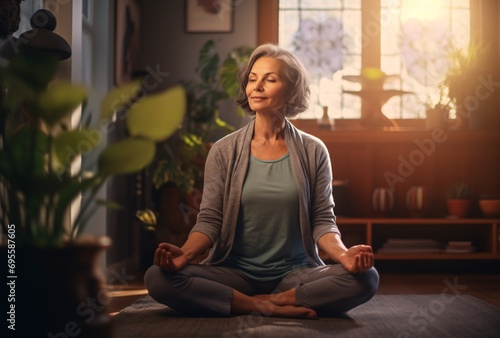 A woman sitting on the floor in a living room, smiling and looking up, possibly meditating or enjoying the sunlight coming through the window. Generative AI