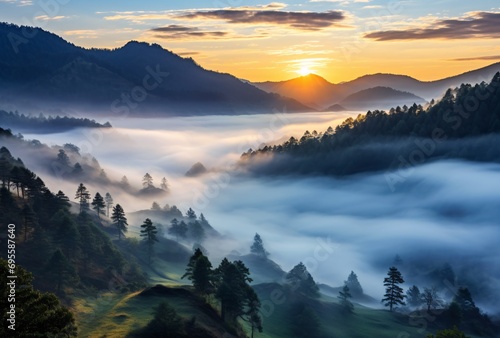 Misty Mountains at Sunset Generative AI © BIPUL