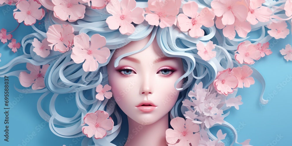 A beautiful blue haired woman with pink flowers in her hair Generative AI