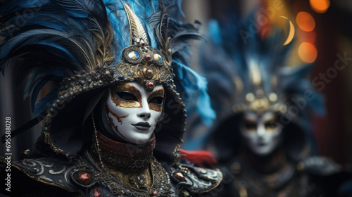 People wearing elaborate costumes and masks. photo