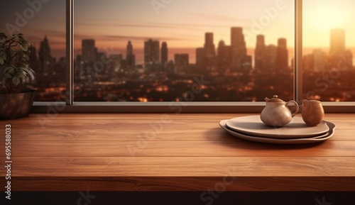 A view of a city from a high-rise building with a teapot on a table Generative AI
