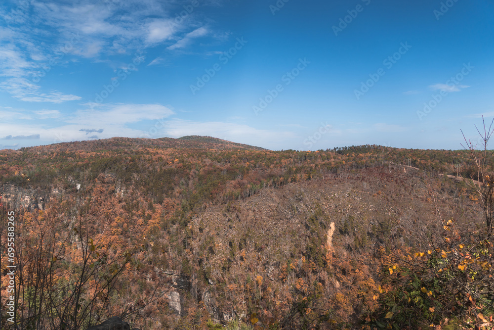 A view of the Blue Ridge Parkway during the autumn fall color changing season.