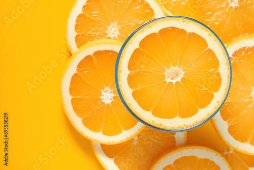  a glass of orange juice sitting on top of a pile of sliced oranges on top of a yellow table next to a pile of orange slices of oranges.