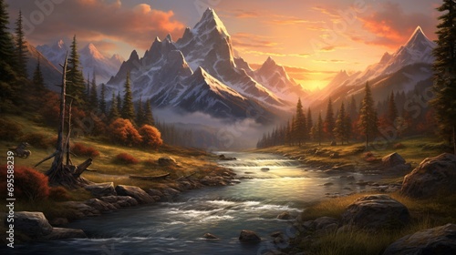 A serene mountain landscape at sunset Generative AI