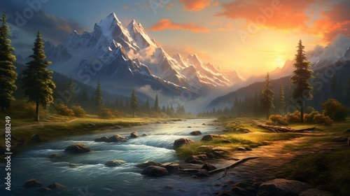 A serene mountain landscape with a river flowing through it Generative AI