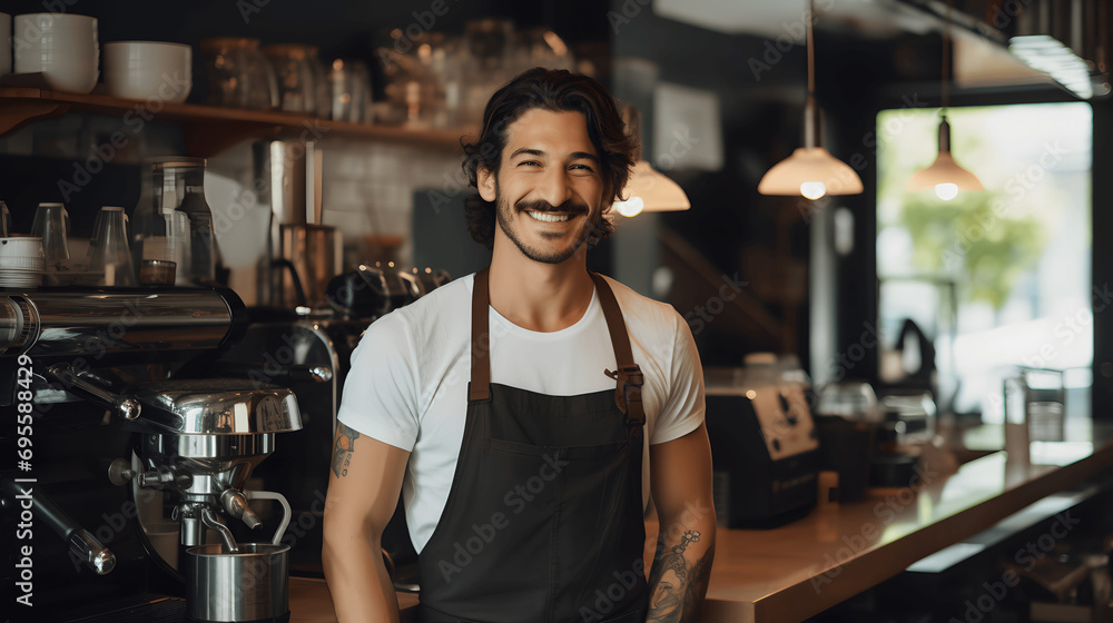 Portrait of a barista in a café smiling with a coffee machine and cups behind