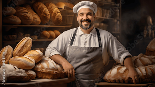 Portrait of a baker in a bakery smiling with fresh bread and pastries around