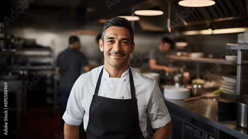 Portrait of a chef in a kitchen smiling at the camera with a blurred culinary background
