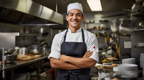 Portrait of a chef in a kitchen smiling at the camera with culinary tools in the background