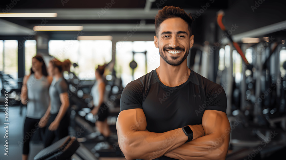 Portrait of a personal trainer in a gym smiling with blurred fitness equipment in the background Portrait of a personal trainer in a gym smiling with blurred fitness equipment in the background
