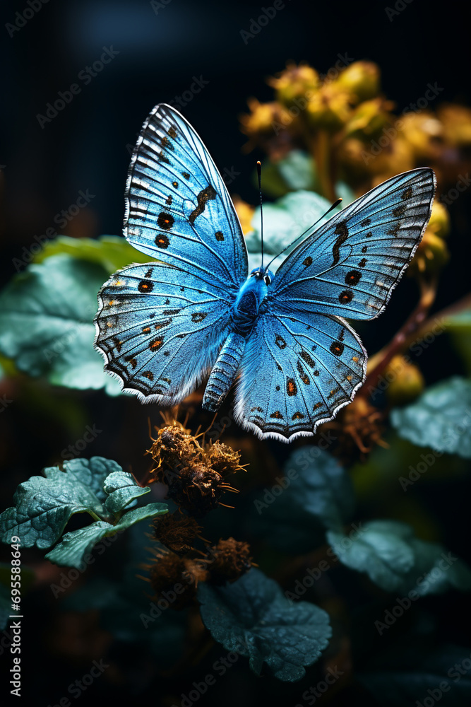 a blue butterfly standing on a leaf in a dark background created with Generative Ai a blue butterfly standing on a leaf in a dark background created with Generative Ai