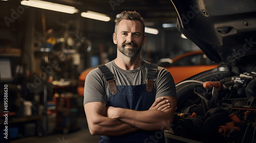 Portrait of a mechanic in a garage smiling with blurred tools and a car behind