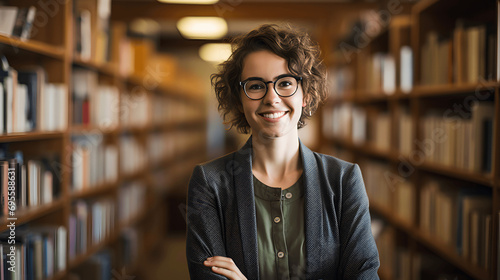 Portrait of a librarian in a library smiling with bookshelves in the background photo