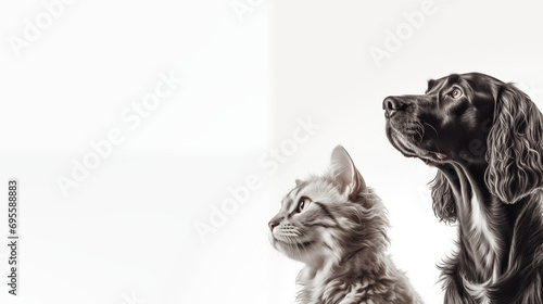 Banner cute dog and cat together isolated on white background, copy space. Pet store, vet clinic, wallpaper