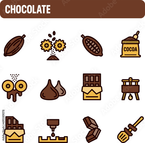 Chocolate icons. Chocolate manufacturing vector set. Color icon design. Cocoa