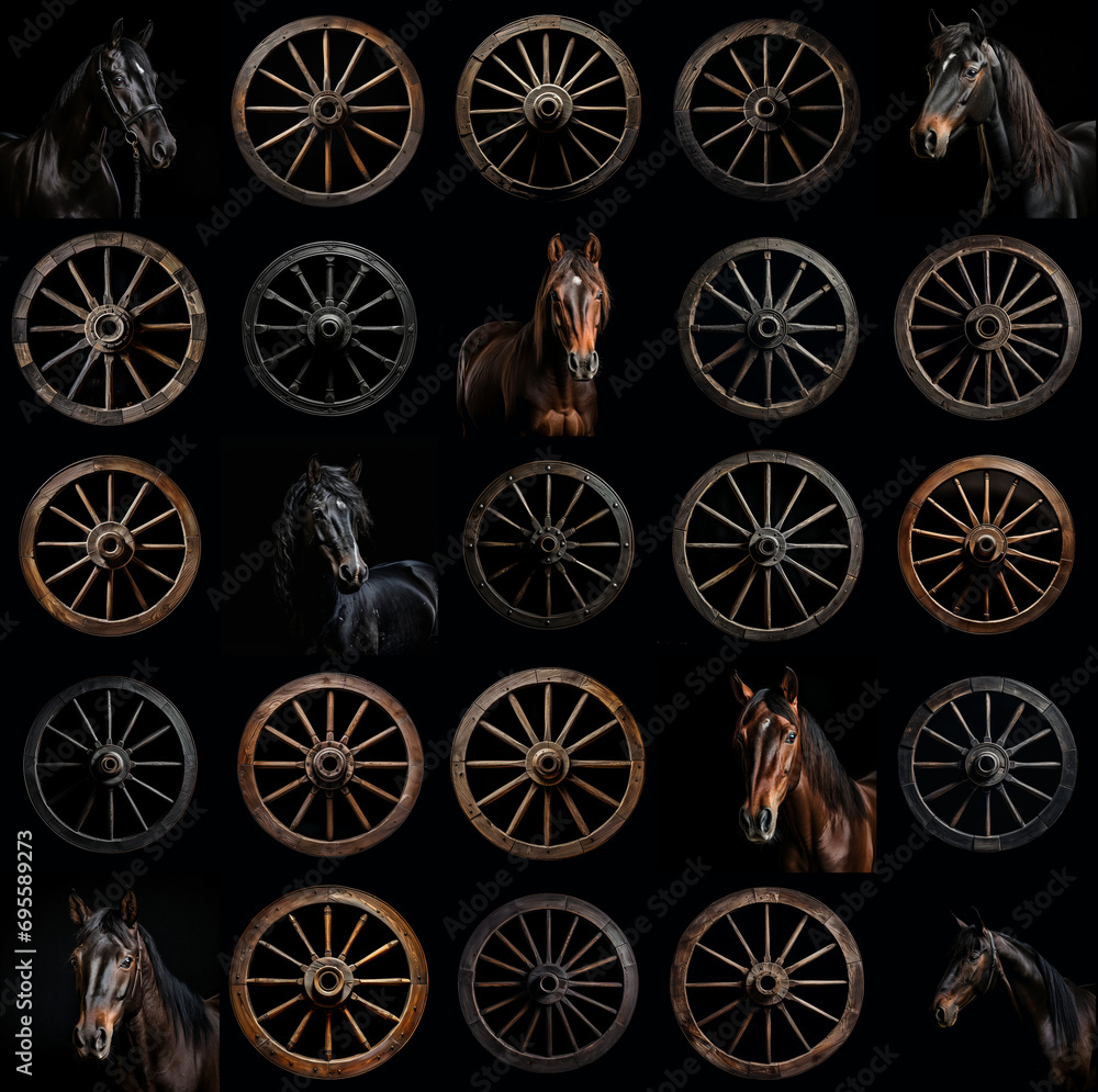 5x5 grid collage showcasing the rustic charm of wagon wheels interwoven with the graceful presence of horses, weathered elegance of the wheels & majestic, powerful essence of the equine companions
