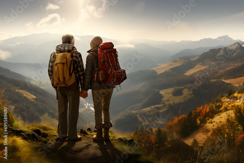 back, rear view of mature mature Couple. backpacker man, woman hikers on top of mountain, enjoying climbing. seniors, older people, friends with large rucksacks warm clothes. Generative AI