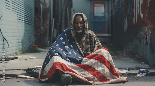 black skin old homeless man with american flag on the street