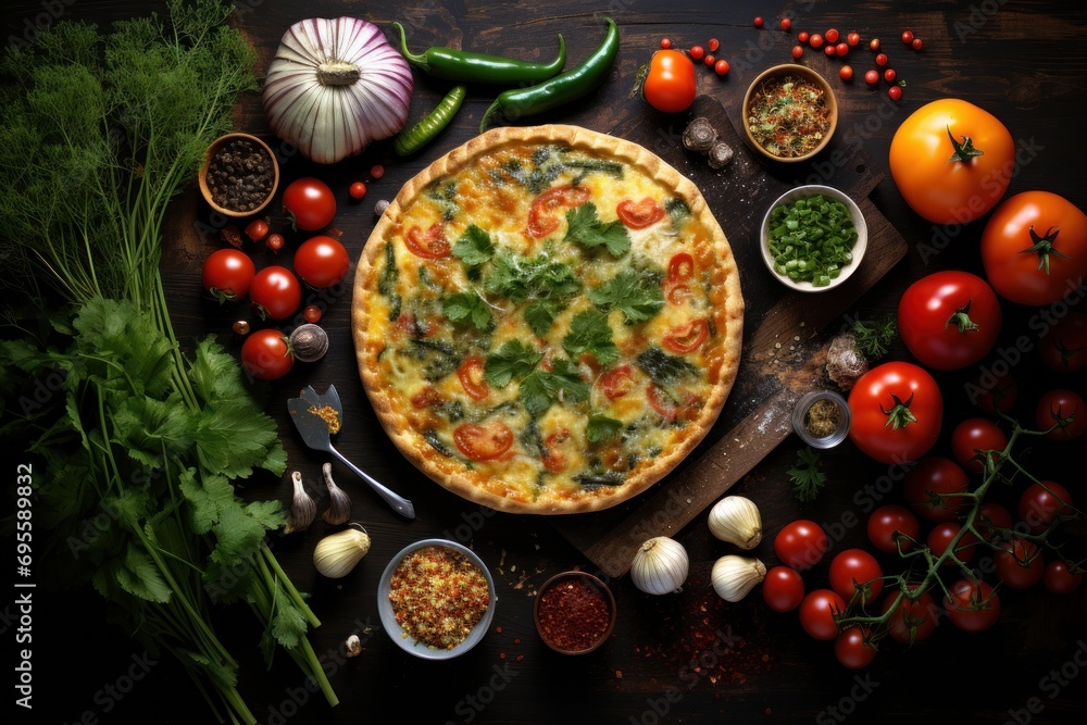  a pizza sitting on top of a wooden cutting board next to a knife and a bowl of tomatoes and other vegetables next to a knife and a bowl of seasoning.