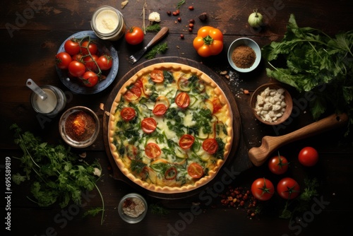  a pizza sitting on top of a wooden table covered in toppings next to a bowl of tomatoes, onions, spinach, cheese, and other veggies.