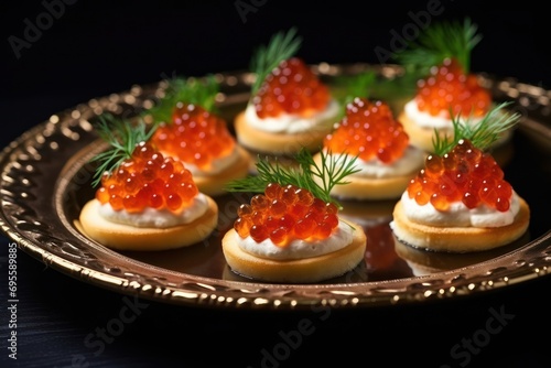  a plate topped with mini crackers covered in red cavia and topped with a sprig of green leafy garnish on top of the crackers.