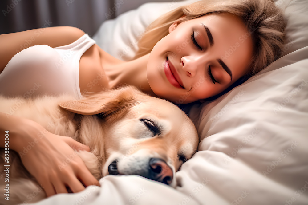 Jeune femme dormant dans son lit avec son chien à coté d'elle Jeune femme dormant dans son lit avec son chien à coté d'elle