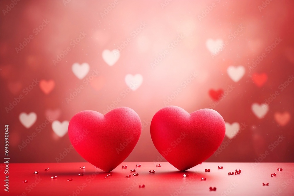 Two red hearts on pink background with bokeh. Valentines day concept