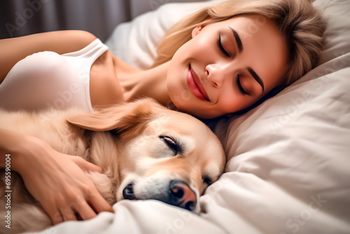 Jeune femme dormant dans son lit  avec son chien à coté d'elle © Concept Photo Studio