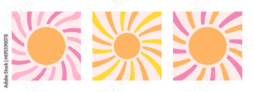 Groovy retro sunshine poster set. Groovy sun pastel backgrounds, vintage retro 70s print. Groovy striped background rays in the center. Sunburst vintage backgrounds. Pastel vector illustration.