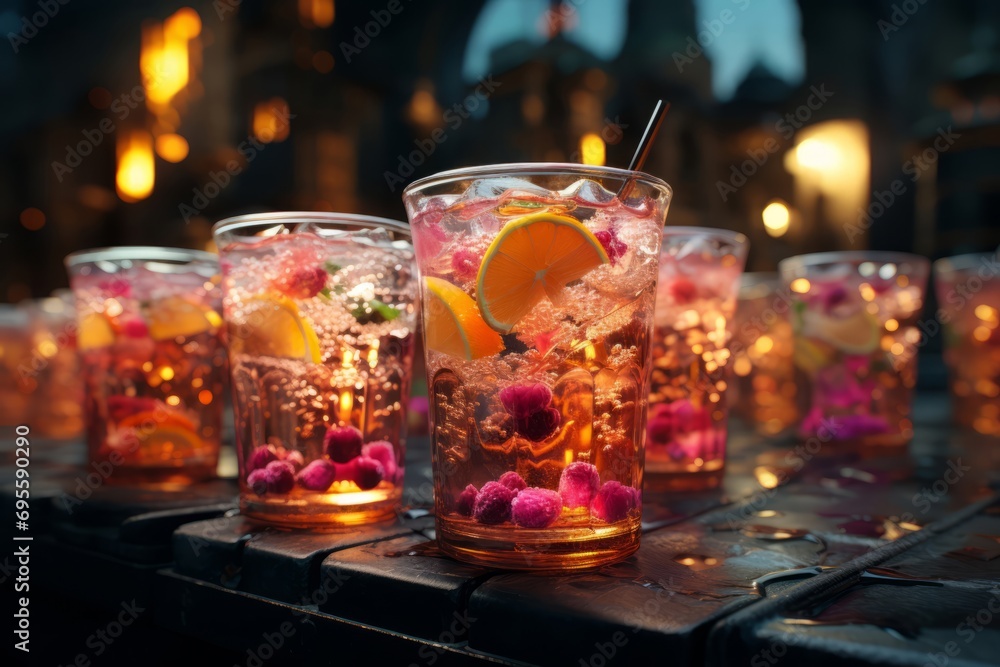 Alcoholic cocktails with ice and raspberries on the bar counter summer night party Alcoholic cocktails with ice and raspberries on the bar counter summer night party