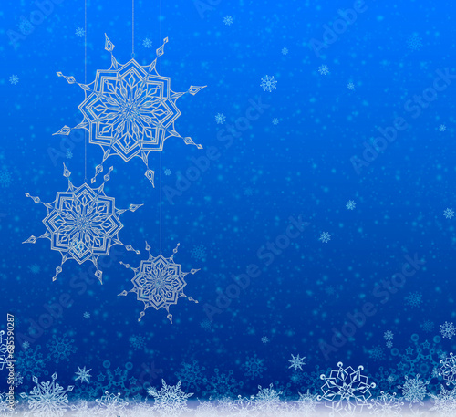 Winter Christmas background with white snow and snowflakes on blue.