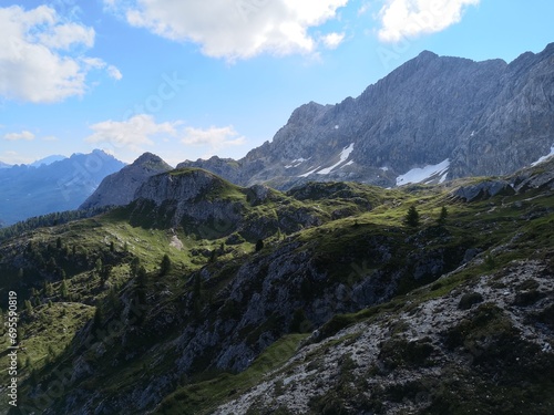 Mountain scenery in the Dolomites, Italy, with rocky mountains