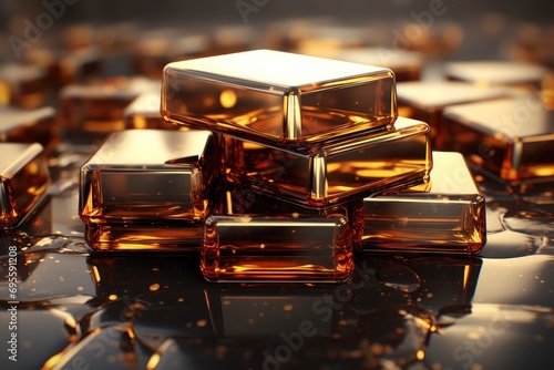  a pile of shiny gold cubes sitting on top of a black surface with gold flakes on the floor and on top of them are shiny glass cubes.