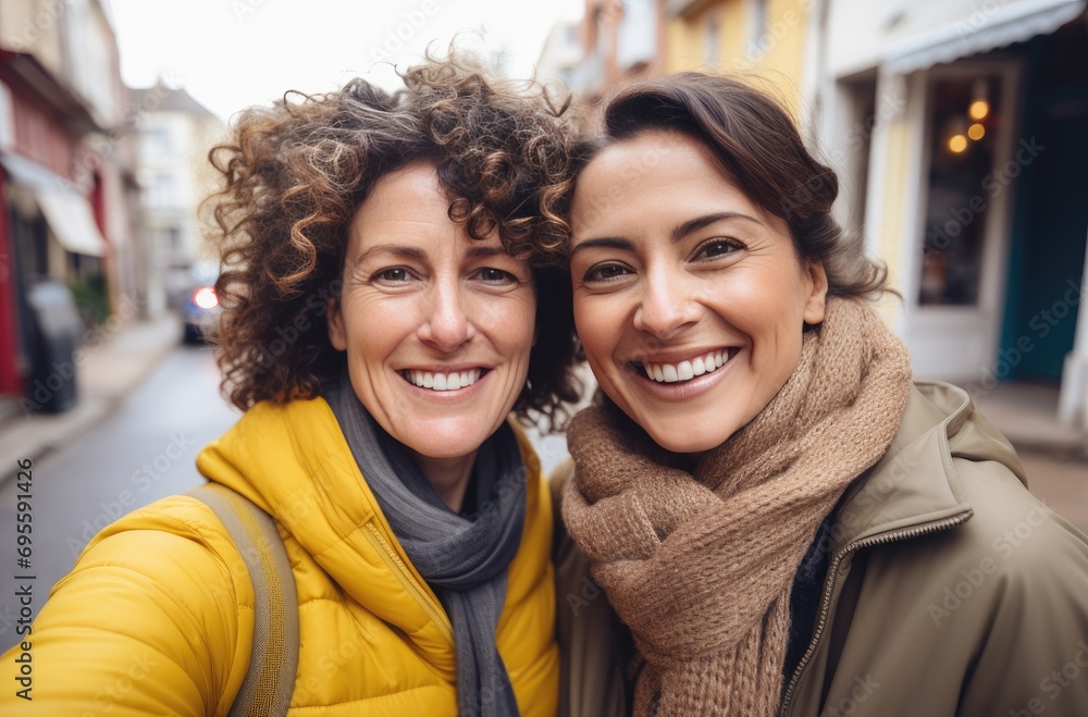 two women taking a selfie in the street two women taking a selfie in the street