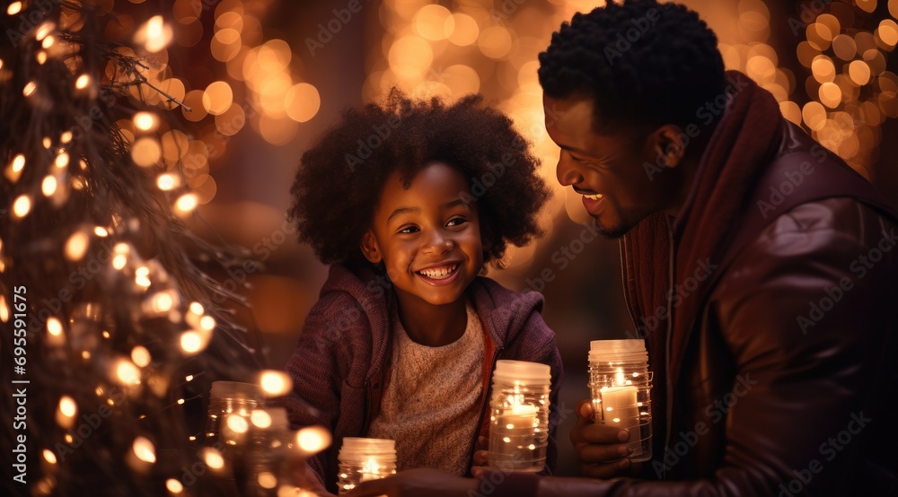 two children and an african american man near christmas lights two children and an african american man near christmas lights