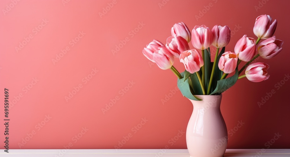 tulips in a vase against a pink wall, background tulips in a vase against a pink wall, background